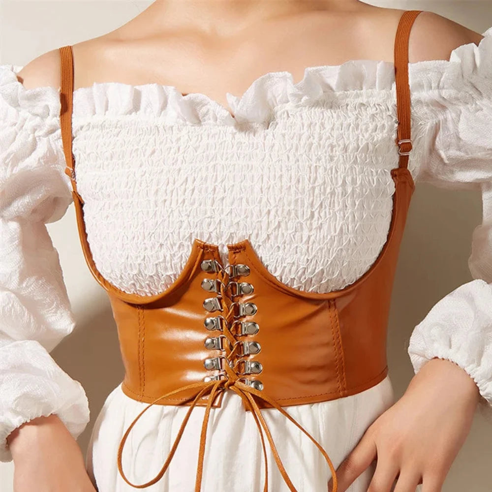 Everyday.Discount buy women's artificial pu leather dark colors leash corsets under bust waist wear instagram tiktok youtube fashionista viral style bodices bustierre bodyshaper elastic belly classy correction onlineshopping corset bodytop popular styles fashionable breathable explore glamorous beautiful secret solid color gothic modish eyelet corsettop