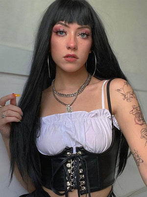 Everyday.Discount buy women's artificial pu leather dark colors leash corsets under bust waist wear instagram tiktok youtube fashionista viral style bodices bustierre bodyshaper elastic belly classy correction onlineshopping corset bodytop popular styles fashionable breathable explore glamorous beautiful secret solid color gothic modish eyelet corsettop