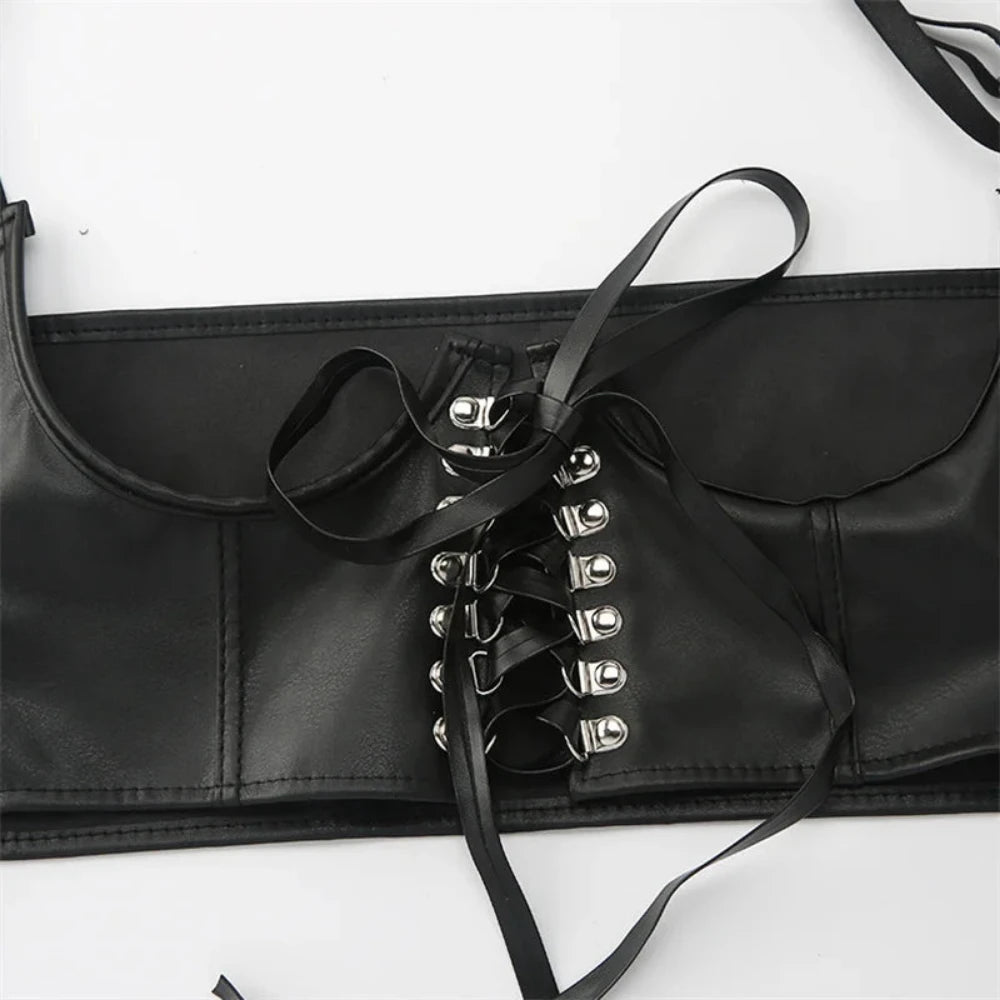 Everyday.Discount buy women's artificial pu leather dark colors leash corsets under bust waist wear instagram tiktok youtube fashionista viral style bodices bustierre bodyshaper elastic belly classy correction onlineshopping corset bodytop popular styles fashionable breathable explore glamorous beautiful secret solid color gothic modish eyelet corsettop