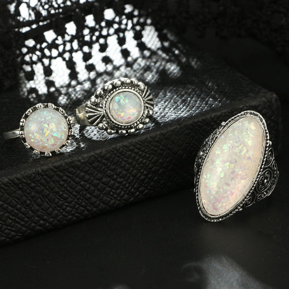 Everyday.Discount eight pcs women's rings antique silver color artificial stone rings women silver color antique unique artificial opal color bigstone rings boho jewelry street wear nightwear fashionable rings