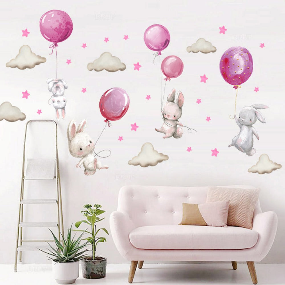 Everyday.Discount cute grey bunnies rabbit wallstickers for kids cat babies nursery wall decals balloons cloud interior decoration wallsticker bedroom watercolor wall kids adhesive furniture window mural realistic cheap personalized