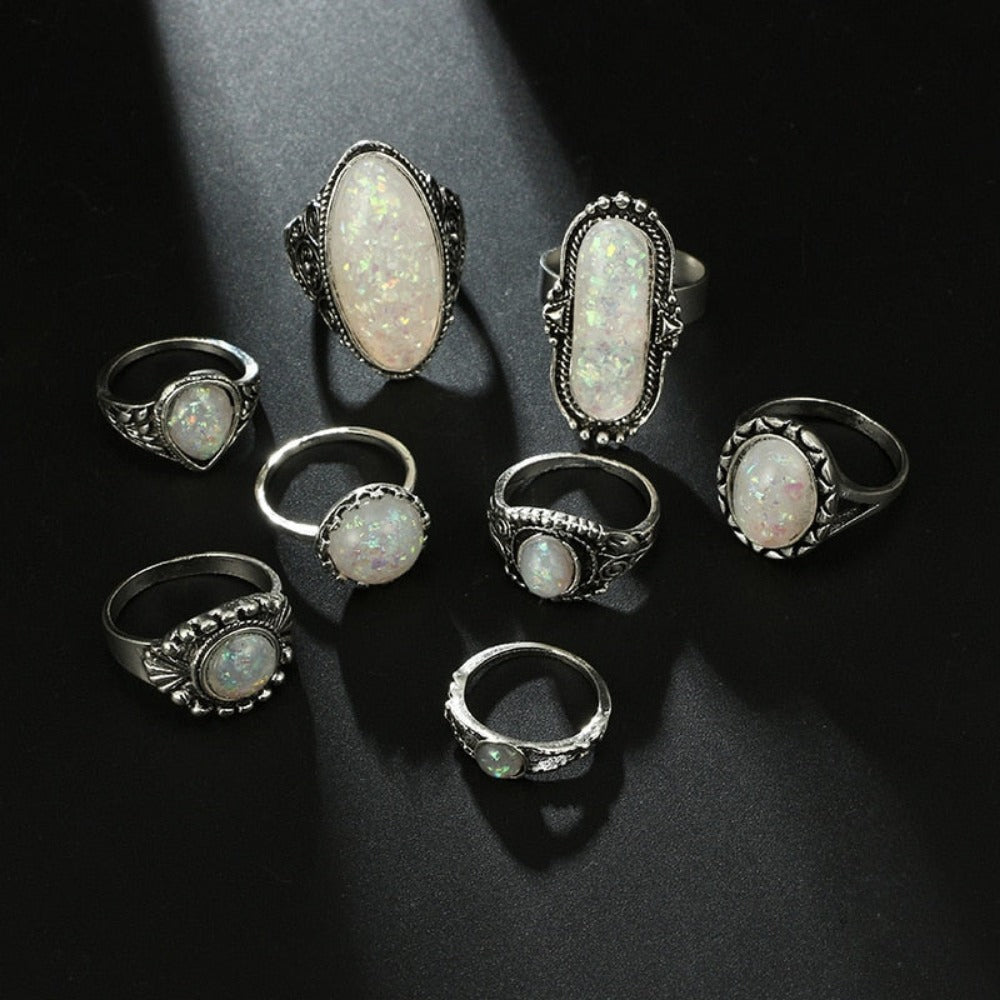 Everyday.Discount eight pcs women's rings antique silver color artificial stone rings women silver color antique unique artificial opal color bigstone rings boho jewelry street wear nightwear fashionable rings