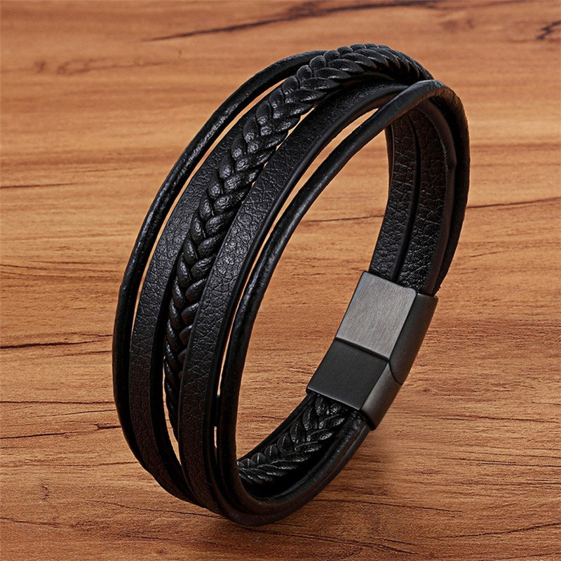 Everyday.Discount dark leather bracelets for everyday wearing men's stainless clasp charm braided wristwear bracelets