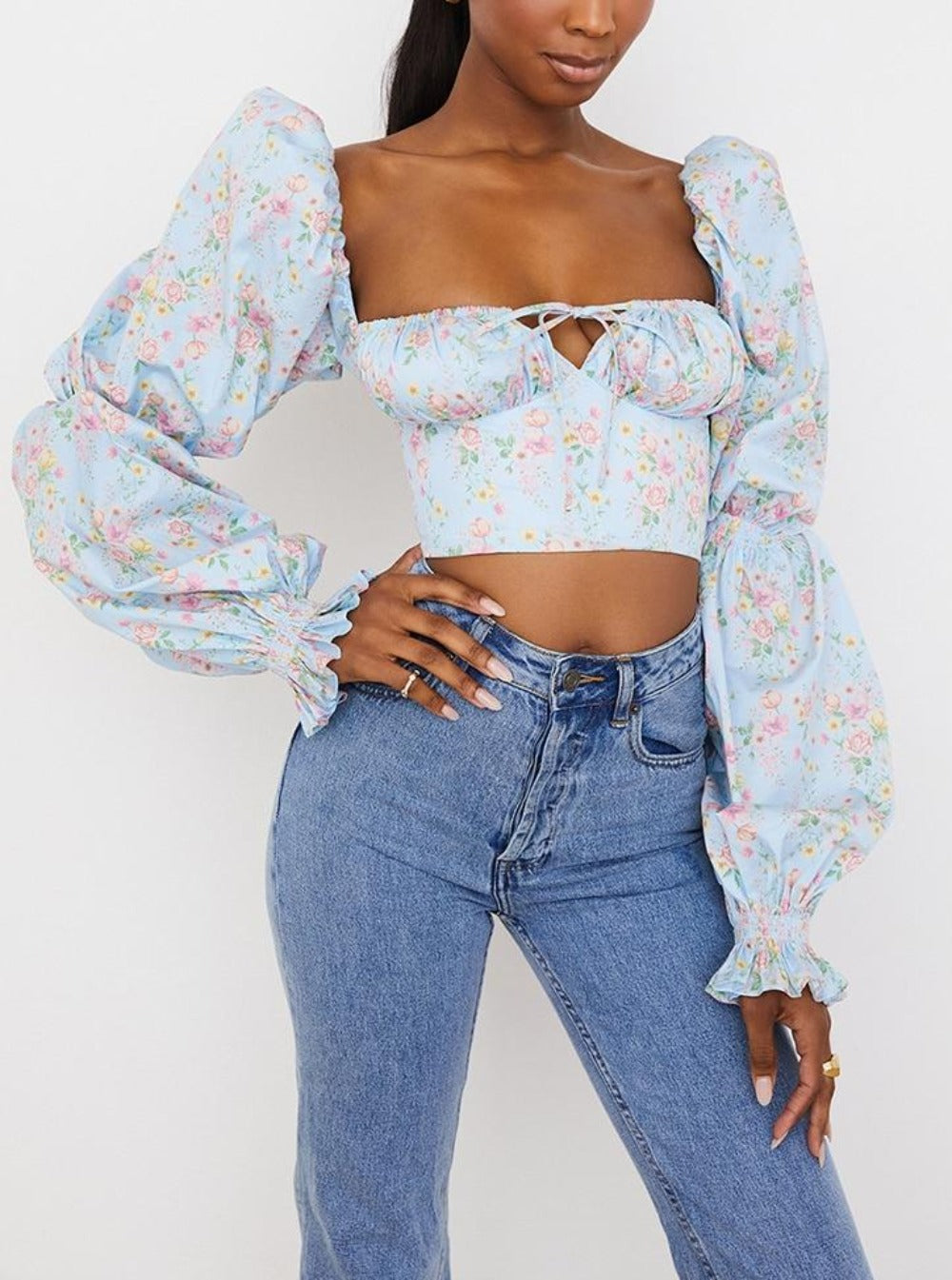 Everyday.Discount buy women's croptop tiktok facebook,summer floral boho elastic fitted bardot bust longsleeves ruched croptop pinterest corsets with sleeves for women moda ruched floral sleeves instagram womens clothing wear with skirts heels leggings pant trousers various sizes xxl xs and colors boutique everyday.discount everyday free.shipping 
