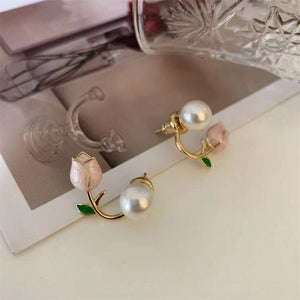 everyday.discount women tulip flower pearl earrings exquisite zircon geometric shape 