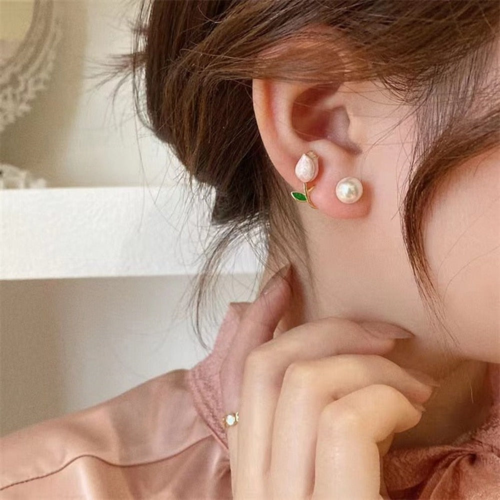 everyday.discount women tulip flower pearl earrings exquisite zircon geometric shape 