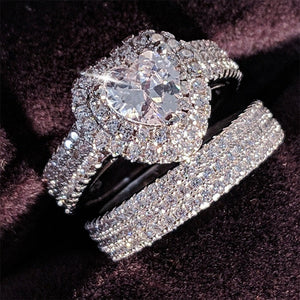 Everyday.Discount two pcs ringset women crystal stones silver color diamond rings women's romantic cubic zirconia cheap everyday wear hypoallergenic jewelry  