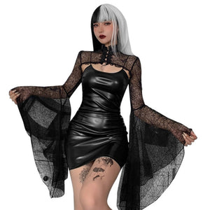 Everyday.Discount women artificial leather clubwear gothic dresses flare see through lace mesh sleeves croptops bodycon backless nightclub women's cosplay haloween gothic lace ribbon asymmetrical sleeves summerdress sensual bodycon partydress