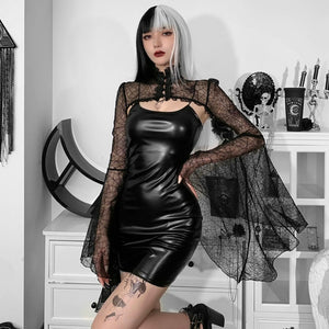 Everyday.Discount women artificial leather clubwear gothic dresses flare see through lace mesh sleeves croptops bodycon backless nightclub women's cosplay haloween gothic lace ribbon asymmetrical sleeves summerdress sensual bodycon partydress
