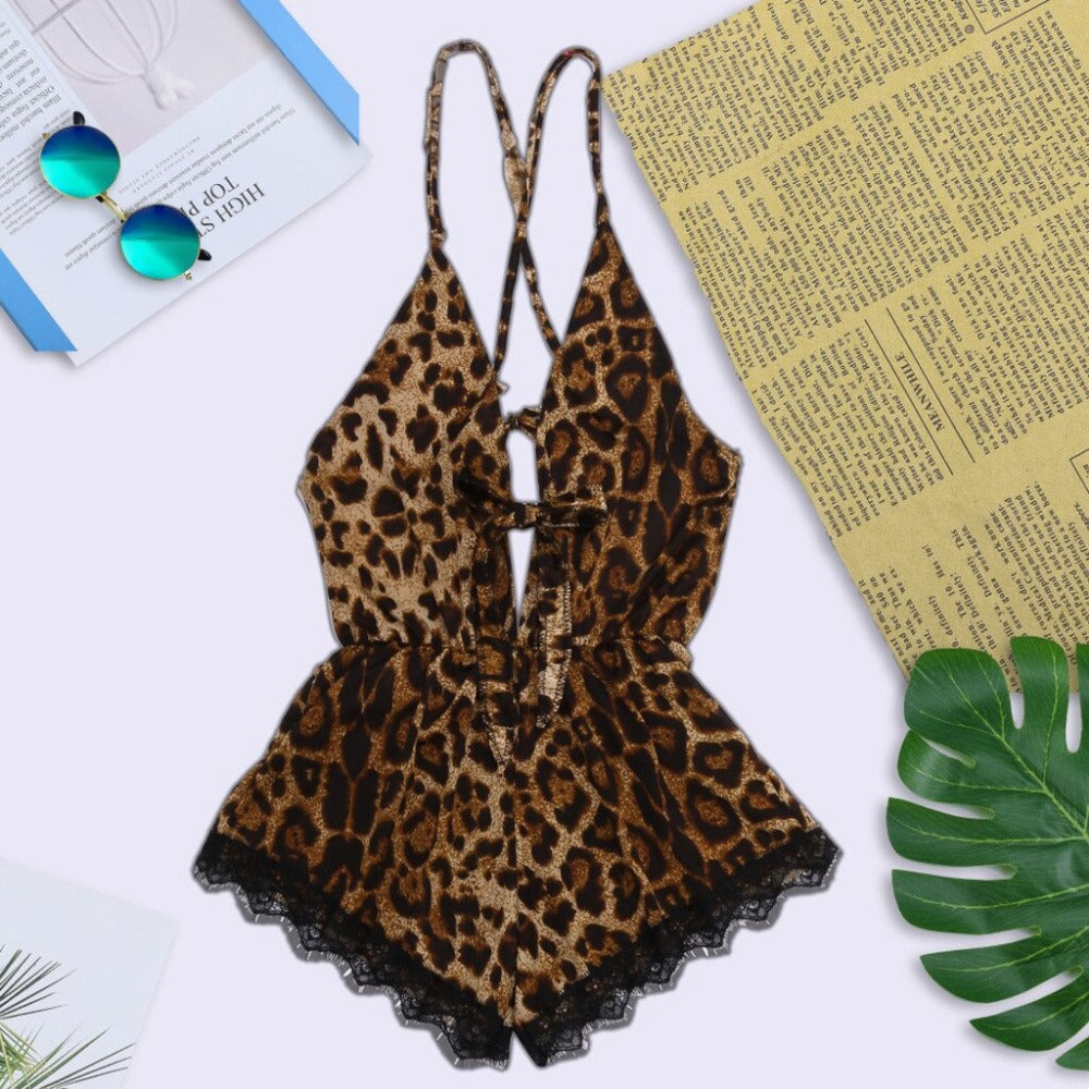 Everyday.Discount women bodysuit leopard printed satin silk feelings bow lace rompers underwear sleepwear